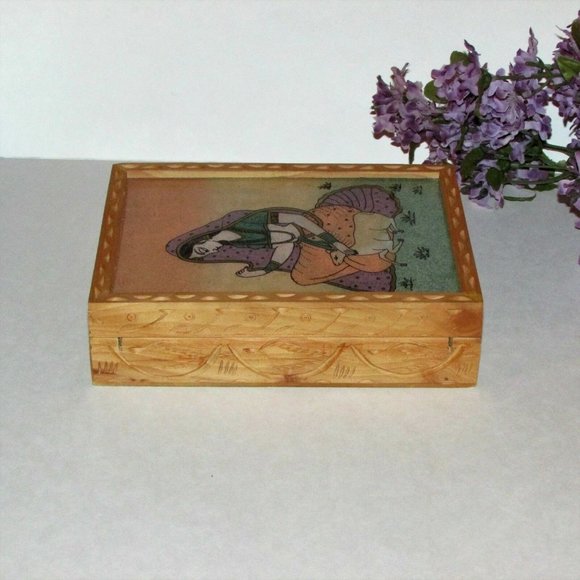 Handmade Boho Trinket Keepsake Jewelry Box Wood & Crushed Gemstones Lined - Picture 8 of 10